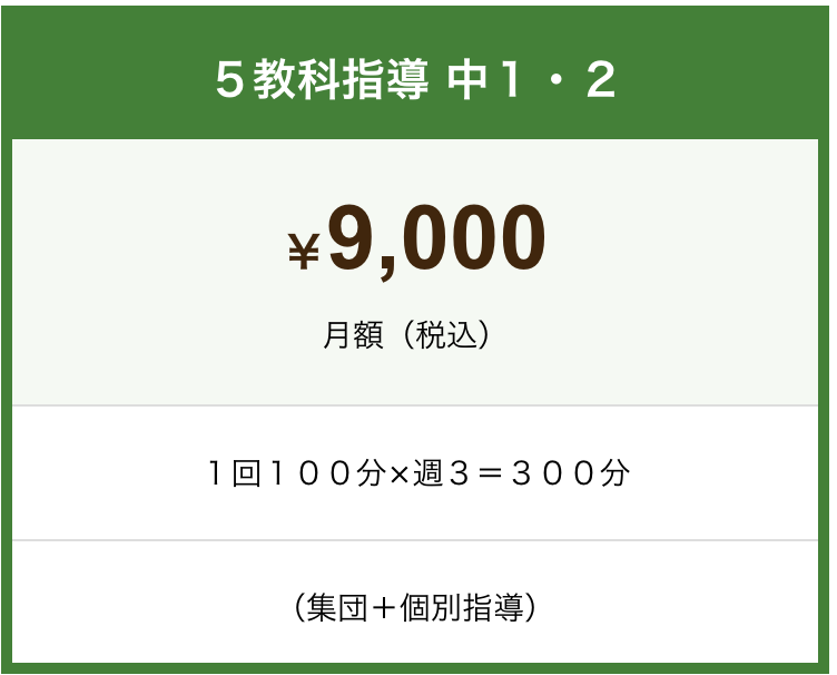 中学校１、２年生の５教科指導料金